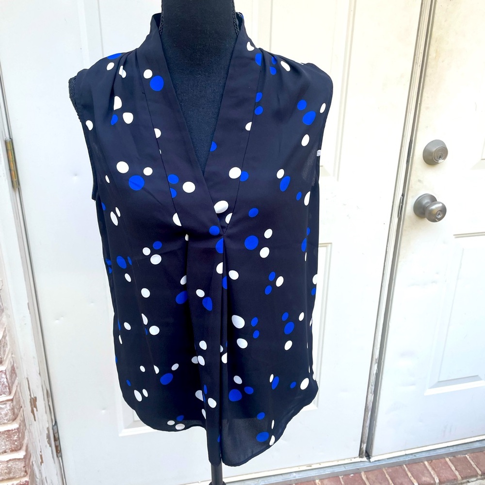 Talbots, Sleeveless, Blouse, Black with white and Blue Polka Dots, Size Sp